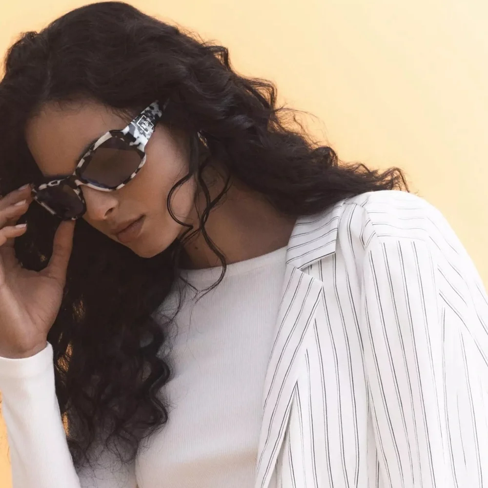 INDY Maui Sunglasses in Black White Marble Tortoise Blue Lens Anthropologie - Picture 2 of 16